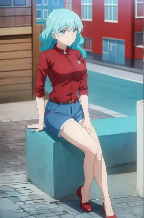 aqua hair, medium hair, blue eyes, ((((red shirt,shorts))))