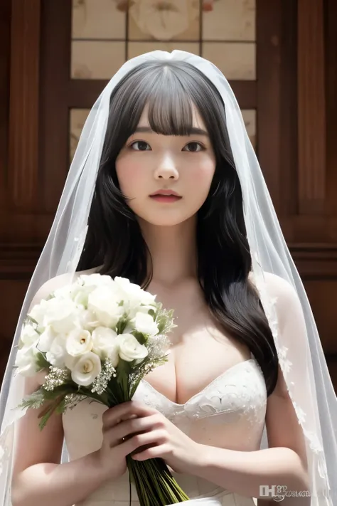 Masterpiece、highest quality、Photo realistic、Woman 1、Super detailed　Black Hair、Straight Hair、Light bangs　Wedding dress、White Veil　Cleavage　View here、Holding a bouquet