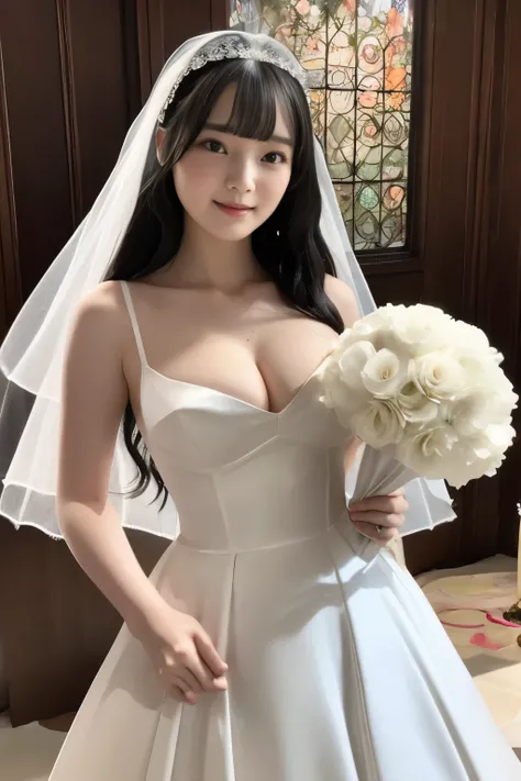 Masterpiece、highest quality、Photo realistic、Woman 1、Super detailed　Black Hair、Straight Hair、Light bangs　Wedding dress、White Veil　Cleavage　View here、Holding a bouquet