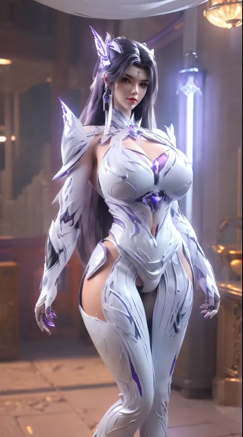 A BUSTY MILF, CLOSE UP UPPER BODY,SOLO,(WHITE STRAIGHT HAIR), (MASSIVE FAKE BOOBIES,CLEAVAGE TOP,MUSCULAR ABS:1.5), ((WEARING OUTFIT MECHA (LED PURPLE,WHITE,BLACK SNINY),BIKINI ARMOR SUIT:1.5)),(CURVY VOLUPTUOUS BODY SHAPE:1.5), (SWEAT BODYSKIN:1.5), (LOOK...