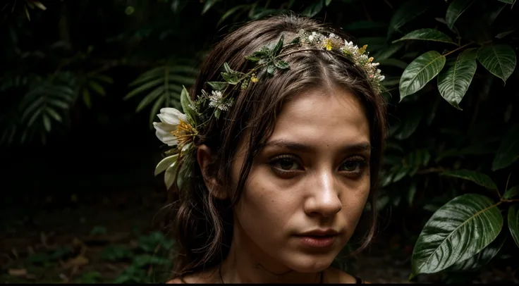 mulher na floresta, druidesa, sacerdotiza, misteriosa, girlanda with leaves and flowers on her head, mysterious expression, pinturas azuis na face, olhos pele e cabelos claros, vestido com detalhes celta branco e dourado, clima magico, pequenas luzes ao en...