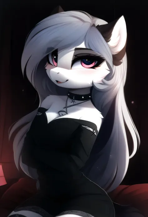 score_9, score_8_up, score_7_up, source_furry, rating_safe, by magnaluna, loona posing seductively in a goth bedroom, anthro, blushing, 