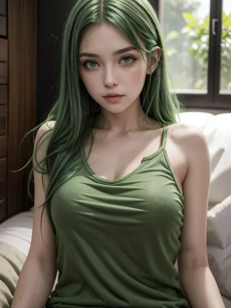 Hot woman, green hair, green eyes, sexy casual clothing, blush, 