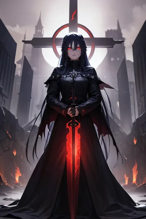 (dark,menacing:1.2),evil dark angel, (long blue hair:1.1), (red halo:1.1), (flaming sword:1.1) shaped like a cross, (dark fantasy:1.2), (red eyes:1.1), (black wings:1.1), (sinister aura:1.1), eerie atmosphere, (ominous shadows:1.1), (mysterious background:...