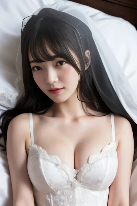 Masterpiece、highest quality、Photo realistic、Woman 1、Super detailed、beautiful、View from directly above　Black Hair、Straight Hair、Light bangs　Wedding dress、White Veil　Cleavage　Lying on the sheets　White sheets