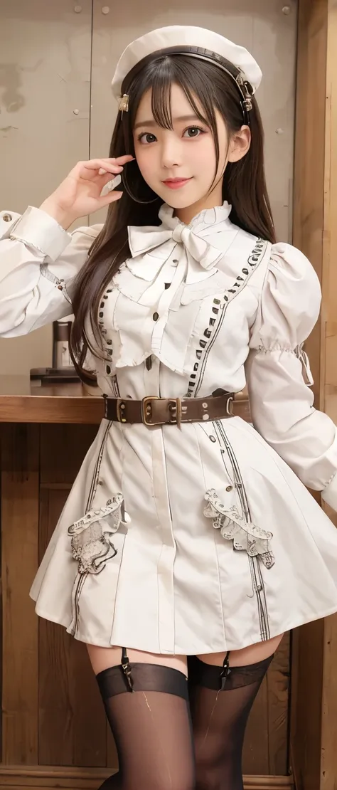 cute steampunk girl、whole body、good style、、、、、、、、white steampunk mini dress、cool belt、、、fishnet tights、