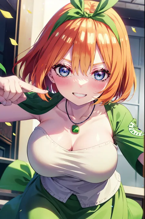 yotsubanakano, Yotsuba Nakano, bangs, short hair, blue eyes, Hair between the eyes, hair ribbon, hair band, Orange Hair, (Green ribbon:1.5), smile, Grin,smile,blush,Green sleeveless dress,Long skirt,Green stiletto heels,Sleeveless,naked,nakedの腕,nakedの首,nak...