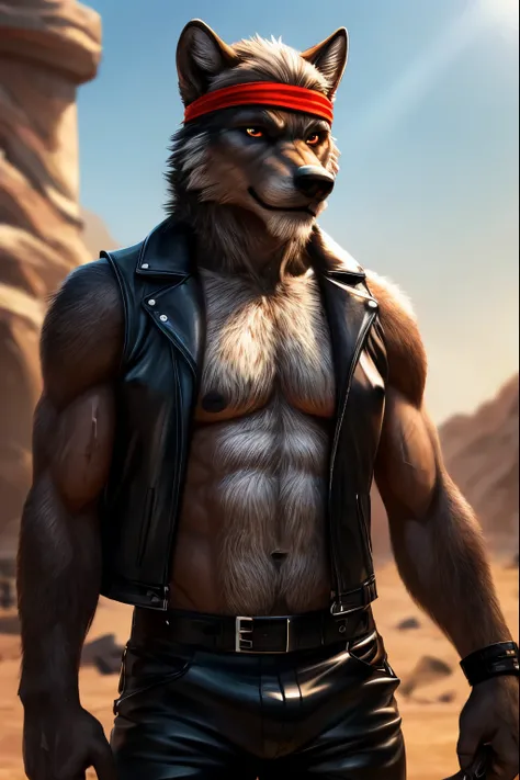 Masterpieces, furry, male, Anthropomorphic, full body, old age, rugged, twink, black wolf, feminine body type, Delicate eyes, white goatee, grizzled fur, white chest hair, glistening body, biker, brown skin, depth of field, warm lighting, bright lighting, ...