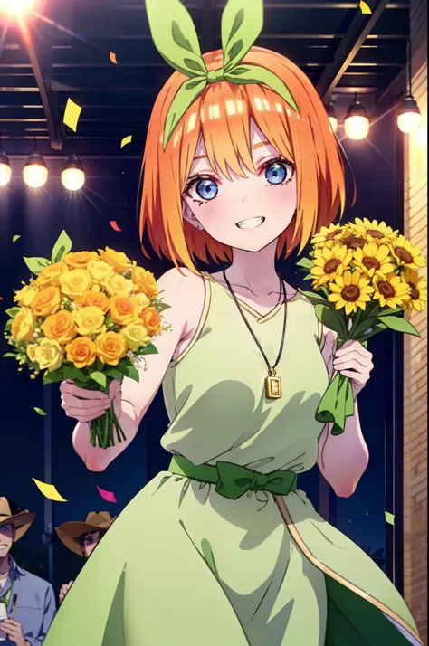 yotsubanakano, Yotsuba Nakano, bangs, short hair, blue eyes, Hair between the eyes, hair ribbon, hair band, Orange Hair, (Green ribbon:1.5), smile, Grin,smile,blush,Green sleeveless dress,Long skirt,Green stiletto heels,Sleeveless,naked,nakedの腕,nakedの首,nak...