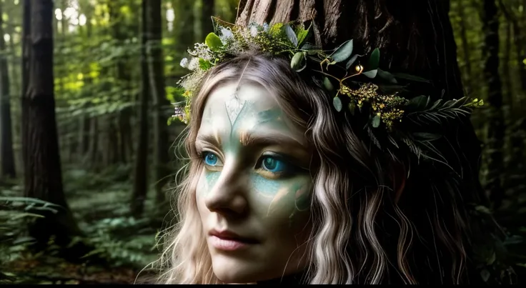 woman in the forest, elder, ancient, priestess, magical, mysterious, garland with leaves and flowers on her head, mysterious and iluminated expression, blue paints on her face, light hair, green eyes, dress with white and gold Celtic details, She holds a l...