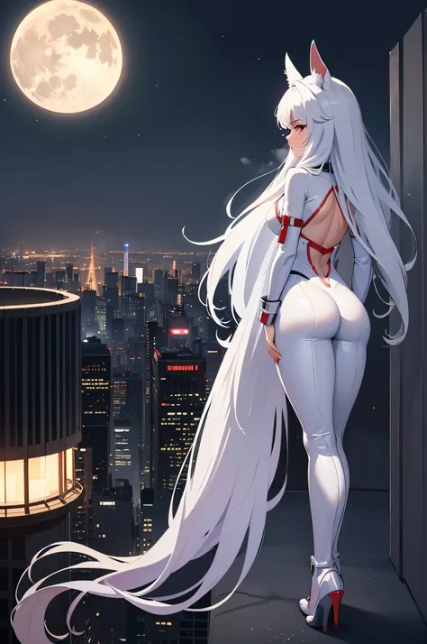 big city, tall city skyline, smog, rain, fog low to the ground, girl on top of a building, a bright moon hanging over her, with long white hair, girl looks heroic while standing on the edge, girl in a tight red bodysuit, with black high heals on, with long...