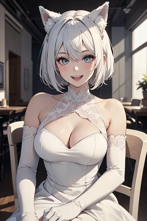 table top　High level image quality　best image quality　8K　 adult woman　whole body　portrait　pure white long gloves（elbow gloves）　white pantyhose　Wedding dress（Tube top）　white wolf ears　short hair（（shortcut）（gray hair）（perm）（fluffy））　eye color is blue　attract...