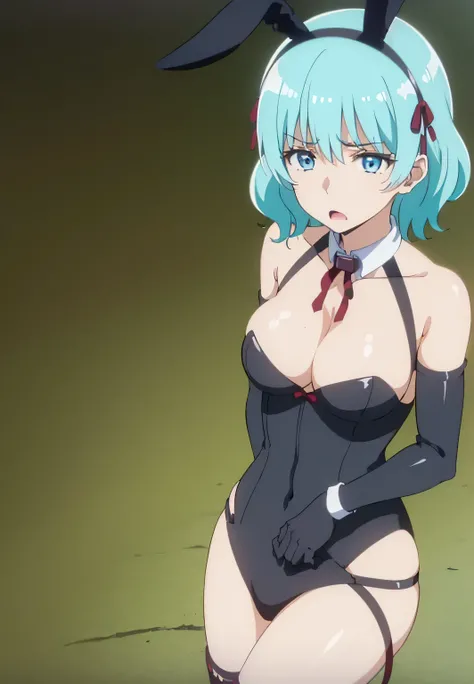 ((collar,leash,tied up,bondage,scared expression,)),1Girl, solo,aqua hair, medium hair, blue eyes,(((black bunny suit,clavage,bare shoulders,black bunny ears))),short hair
