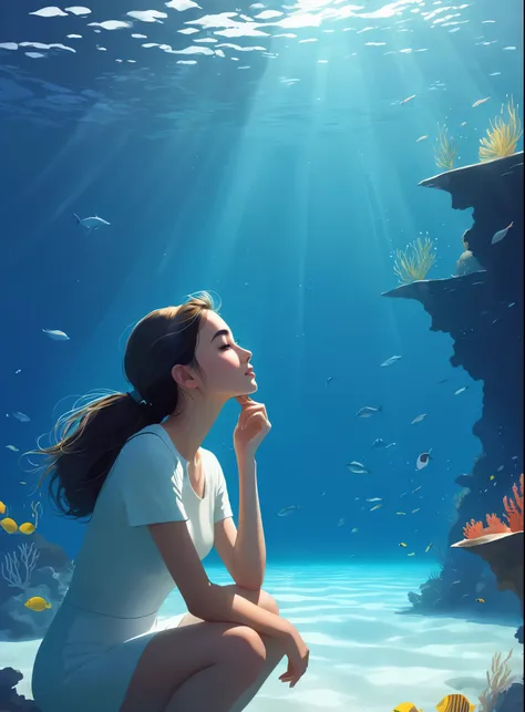 Minimalist Journey，diving，Solitary，The girl rests one hand on her cheek, gazing into the distance, reflecting a thoughtful or dreamy pose, conveying a sense of serenity and depth, dutch angle,Minimalism, Under the Sea, illustration.