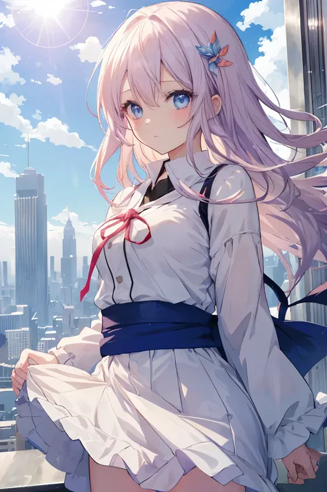 absurderes, hight resolution, (Anime style:1.1), ((masutepiece)), ((Best Quality)), (Ultra-detailed), (Beautiful), solo, Beautiful face、(liftup)、Cute  looking at the view from the top of a skyscraper that is closer to the atmosphere,Wind,Thin White colorfu...