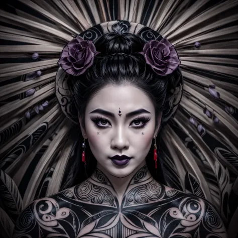 an Asian gothic geisha, with beautiful eyes, pale silky skin, makeup, full lips (black lipstick), with tribal tattoos covering her entire body, wearing earrings, bun, black hair, black flowers in her hair, posing, with black thorn branches in the backgroun...