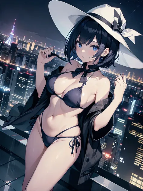 A girl stands on the rooftop of a high-rise building overlooking Tokyo late at night、She has a short bob with a white lob of hair and wears a large black witch hat with sapphire jewelry.、A high school student wearing a navy blue bikini with a white ribbon、...