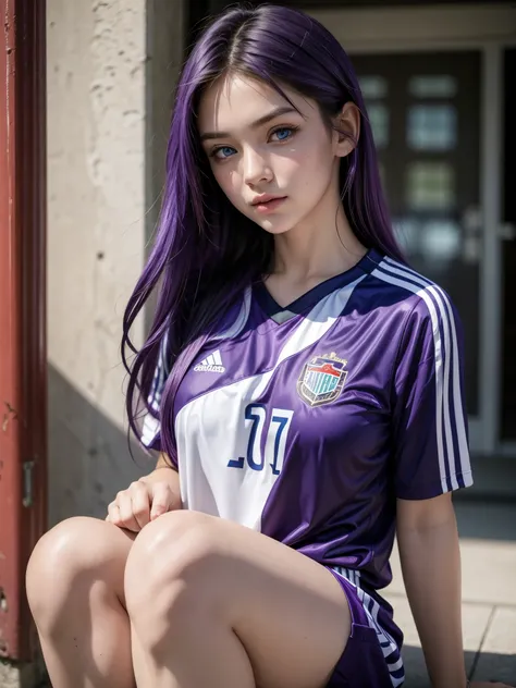 Hot girl, purple hair, blue eyes, sexy, wearing soccer player clothes