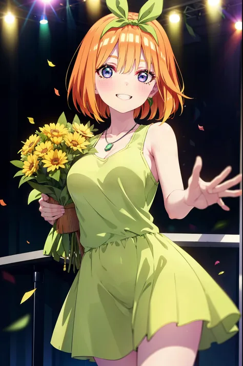 yotsubanakano, Yotsuba Nakano, bangs, short hair, blue eyes, Hair between the eyes, hair ribbon, hair band, Orange Hair, (Green ribbon:1.5), smile, Grin,smile,blush,Green sleeveless dress,Long skirt,Green stiletto heels,Sleeveless,naked,nakedの腕,nakedの首,nak...