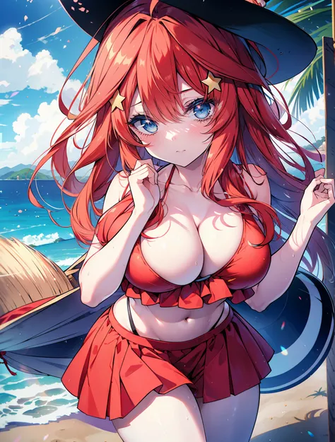 itsukinakano, Itsuki Nakano, bangs, blue eyes, Hair between the eyes, Ahoge, Redhead, star (symbol), hair ornaments, star hair ornaments,Big straw hat,Red Bikini,Bare Belly, (Beach salon),  (Beautiful big breasts:1.3), ((salon)), Beach outfit,Real Summer,P...