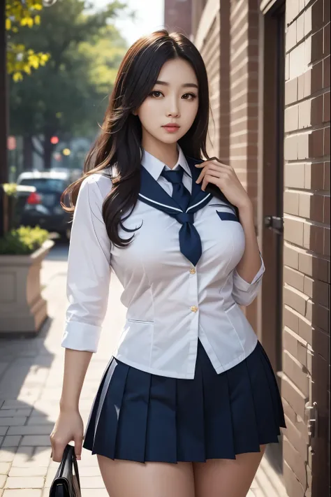 beautiful,realistic photo,seductive, campus background, looking at viewer,big thighs,wide hips,Korean idol, school uniforms, skirt,curvy body,