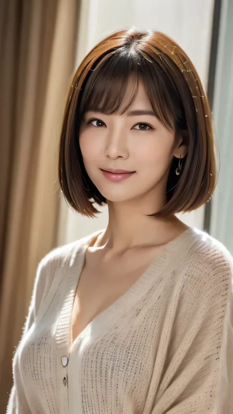 highest quality, masterpiece, 8k wallpaper, Photorealistic, solo, Please look closely at the camera, 1 girl, Depth of written boundary, Natural soft light, Daytime, Beautiful Face, short hair, huge , Orange Sweater, Listen carefully, Neat short bob with ba...