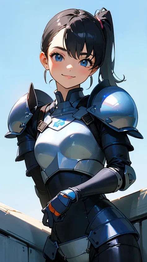 (highest quality,high resolution:1.2),18-year-old girl, black hair, side ponytail, smile, lightweight blue bikini armor, blue gl...