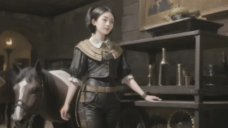 222 Short Hair, 20-year-old woman, A kind smile, (Luxurious stables), (Rembrandt-style painting), (machinery suit, Clothes that show abs、Clothes with short sleeves)