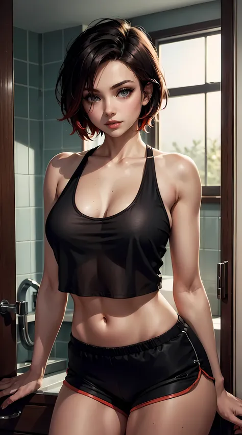 Beautiful short brunette hair woman is shown to have a sexy figure, she is wearing a oversized loose tank top and sexy track shorts, sexy look, red highlights, gray eyes, girl in bathroom, sexy session, sexy pose, cowboy shot, superior quality, many detail...