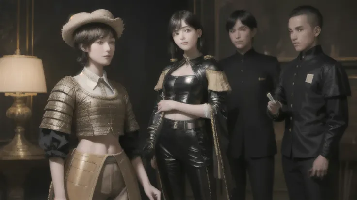 222 Short Hair, 20-year-old woman, A kind smile, (Luxurious stables), (Rembrandt-style painting), (machinery suit, Clothes that show abs、Clothes with short sleeves)