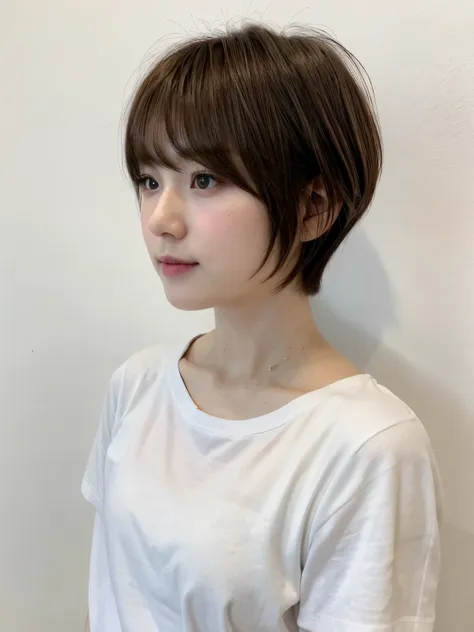 stylish spring clothes、fluffy hair、(背景にwhite wall、the blackｔshirt:1.4)、white wall、in front of a white door、(窓のあるwhite wallの部屋)、(...