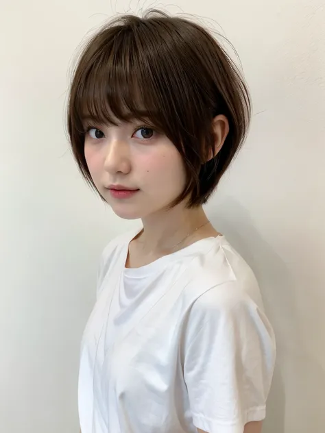 stylish spring clothes、fluffy hair、(背景にwhite wall、the blackｔshirt:1.4)、white wall、in front of a white door、(窓のあるwhite wallの部屋)、(...