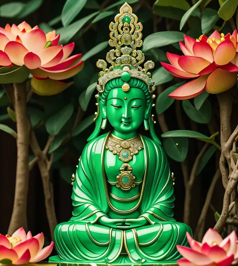 
 quan yin statue made of jade and jewery with 18 hands, detailed hands, detailed face, beatyfull face,shinning crystal clear jade statue, holding a light made of jewery, floating red lotus, chinese haven back ground, holly light