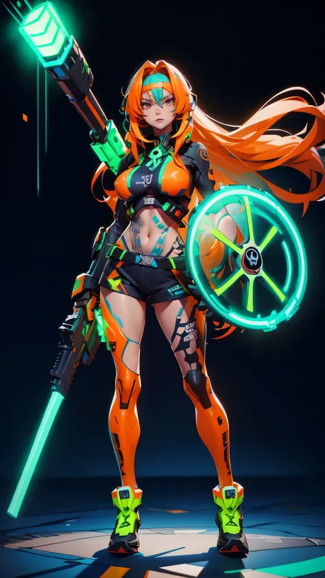 woman, very long hair, perverity expression, orange blue green neon colors, suit with neon hexagons, big breasts, holds a gun, low-cut top, camouflage shorts, luminous tattoos, skull squad shield, battalion pose, full body focus , High Definition.