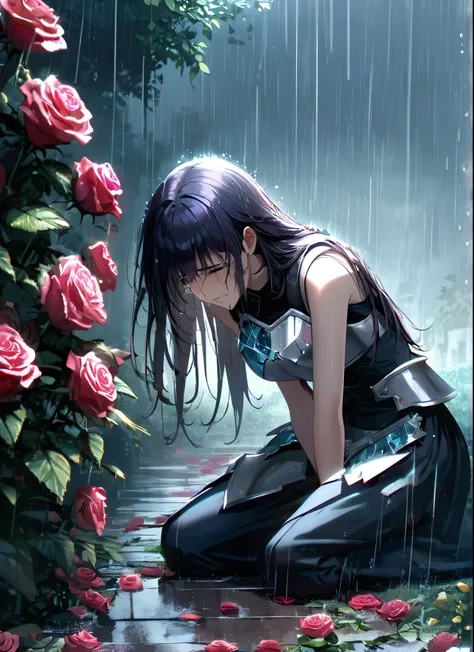 A girl, kneeling in the floor, wearing a shattered breastplate, shattered waistplate, in tears, sad, dramatic scene, tears flowing in the face, garden, roses, rain, ultra detailed face 