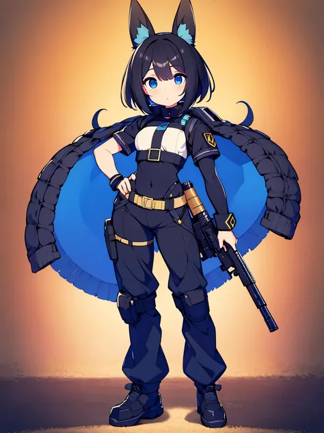 1 chica hermosa linda y  pelo negro ojos azules en uniforme de mercenario negro con azul con una escopeta en la mano y un chaleco tactico anti balas  lentes en campo de tiro  full body 