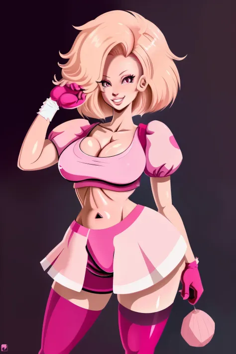 pnkdamond, pink hair, pink eyes,  big hair,  stomach gem,  pink skin,  toned, 
puffy short sleeves, elbow gloves ,  white thighhighs,   puffy dress, 
standing, upper body, 
 outerspace,  
(insanely detailed, beautiful detailed face,beautiful detailed eyes,...