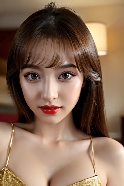 (highest quality、table top、8k、best image quality、Award-winning work)、(one young girl, 14 years old:1.3)、no sleeve, (red eyeshadow:1.2)、perfect makeup、long eyelashes、Super high-definition sparkling eyes、ultra high definition hair、ultra high resolution gloss...