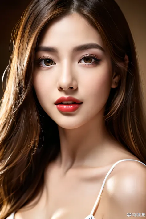 (highest quality、table top、8k、best image quality、Award-winning work)、(one young girl, 14 years old:1.3)、no sleeve, (red eyeshadow:1.2)、perfect makeup、long eyelashes、Super high-definition sparkling eyes、ultra high definition hair、ultra high resolution gloss...