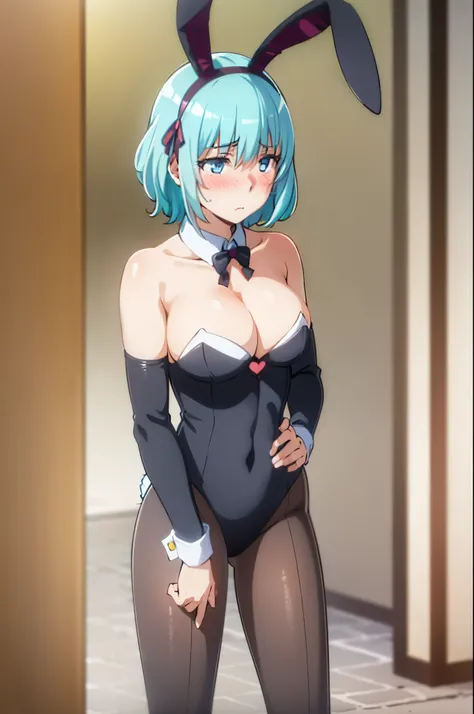 1Girl, solo,aqua hair, medium hair, blue eyes,(((black bunny suit,clavage,bare shoulders,Blush,black bunny ears))),short hair