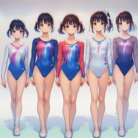 gymnastics club,(4 girls:1.3),(long sleeves leotard:1.3),(rainbow print leotard:1.3),(white leotard),full body, pony tail, blue ...