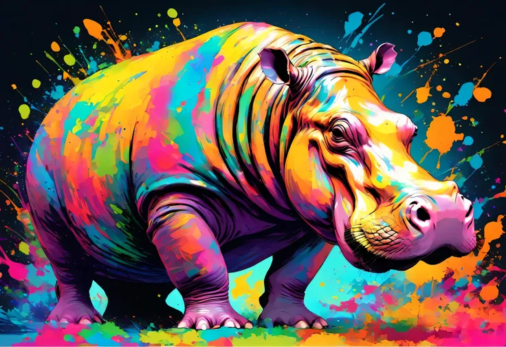 A Hippopotamus with colorful paint on its face and leaves, vector art：Zahari Zograf, Trending on Pexels, psychedelic art, Rich in color and detail, A complex and colorful masterpiece, art：Alessandro Pautasso, very complex and colorful, colorful hd images, ...