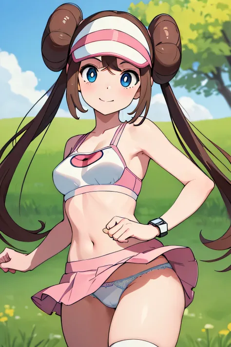 masterpiece, highest quality, High resolution, RO1, Hair Bun, blue eyes, Twin tails, Visor Cap, , In underwear, Pink Bra, White lace panties,Fine grain，(Excellent rendering)， Pink ribbon, watch, Are standing, Cowboy Shot, Field, poke ball (Basic), The best...