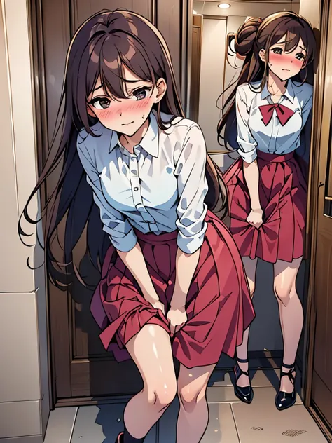 (ultra-detailed, best quality, anatomically perfect body), (small breast:1.3), shiny skin, (Various girls), girls from 15 to 25 years old, (have to pee:1.1), (urge to pee:1.3), (very desperate to pee:1.2), bladder full, (restroom entrance), waiting for res...