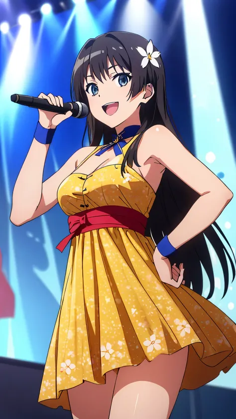 Pixel Perfect, Perfect in every detail, alone, One girl, Saten Ruiko ,late teens style, medium Breast ,alone, (Idol Costumes, blue idol dress, Idol Stage, microphone, smile, sing, Open your mouth, Cowboy Shot) ,Stylish pose,Stylish angle,View your viewers,