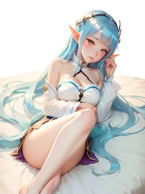 Anime girl lying on bed with legs crossed, Elf Girl, guweiz, by Shitao, Anime visuals of cute girls, I will deny this,  Wear clothes, Cute anime girl in a beautiful skirt, Highest rated on pixiv, Guweiz on Pixiv ArtStation, Blue Elf, Fair and shiny skin, C...