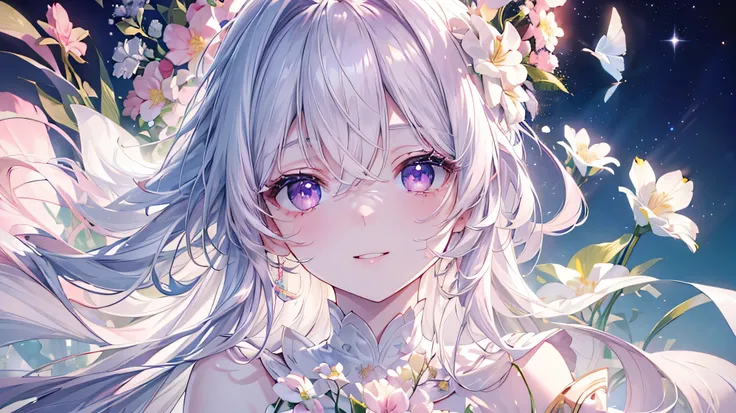 (Highest quality、masterpiece、Ultra-fine、Ultra-fine、delicate、delicate、16k、Full HD) 、((Uplifting)), ((Only one person:1.5)) 、Clear skies、smile、(Full of energy)(Purple Eyes、Long eyelashes、White skin、slim、Pale pink lips、Pale pink cheeks、thin and long)、(Thin an...