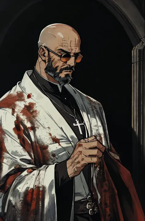 1man,male_focused, older, masculine, rugged male ,blood splatter, priest, father, black_priest_clothing, robe, bald, bearded, in the style of Kentaro Miura, fantasy, SCI-FI, vintage punk small round sunglasses,