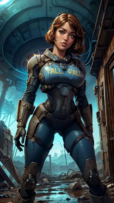 (La mejor calidad,A high resolution,Ultra - detallado,actual),Ella Purnell linda y nerd, pelo negro ondulado atado en una cola de caballo, (wearing a blue vault suit from Fallout 4 with lots of details and slits:1.4 ),(bottom inside a silly atomic shelter ...