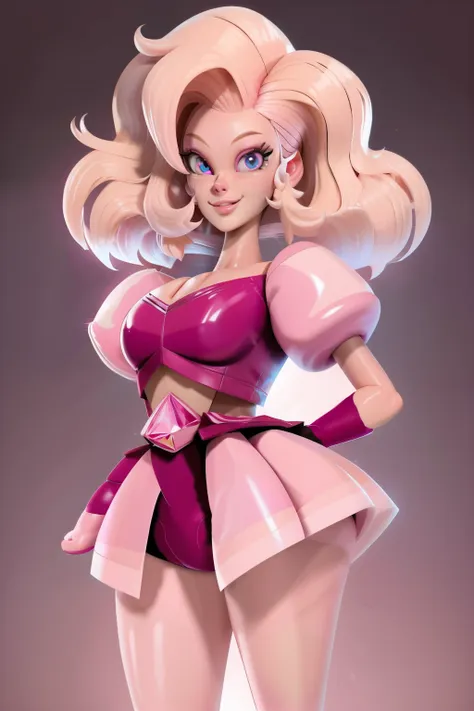 pnkdamond, pink hair, pink eyes,  big hair,  stomach gem,  pink skin,  toned, 
puffy short sleeves, elbow gloves ,  white thighh...